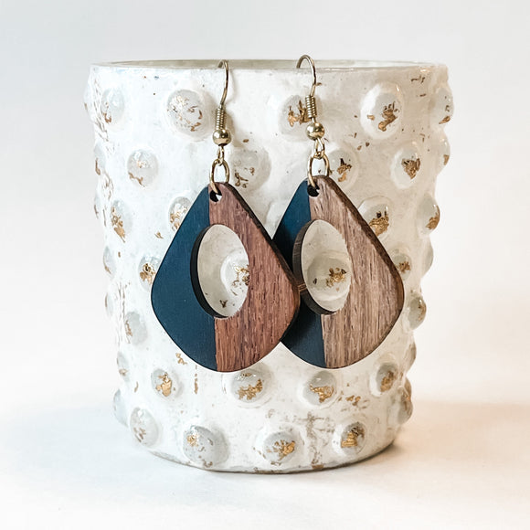 Wood and Black Resin Drop Cutout Earrings Handmade Gift